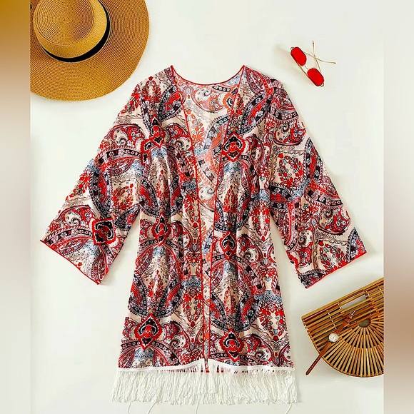 Other - Baroque Pattern Tassel Fringe Beachwear Cover-Up Kimono Size L NWT
